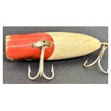 Three Vintage Fishing Lures & Silver Piece - Wood Bobber & Patent Device