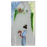 Hand Painted Geisha Frosted Glass Wood-Framed Glass Panel