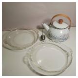 Lot of Vintage PYREX 10 inch Glass Pie Pans and Nice Enamel Kettle with Tea Ball - no dings