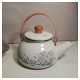 Lot of Vintage PYREX 10 inch Glass Pie Pans and Nice Enamel Kettle with Tea Ball - no dings