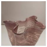 Beautiful Lavender/Amethyst Swung Glass vase with white fruit detail. Approx 6" tall. Hand blown glass.