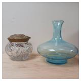 Lot of 2 UV reactive items:  exquisite antique cut glass hair receiver boasts a Victorian style and a Vintage Blue Italian Glass Decanter