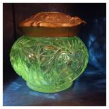 Lot of 2 UV reactive items:  exquisite antique cut glass hair receiver boasts a Victorian style and a Vintage Blue Italian Glass Decanter