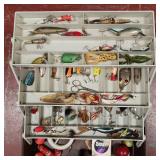 Umca 1703 - Custom Series - 3 shelf tackle box full of miscellaneous fishing lures and other supplies