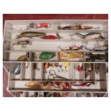 Umca 1703 - Custom Series - 3 shelf tackle box full of miscellaneous fishing lures and other supplies