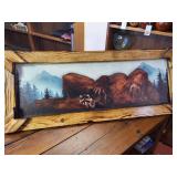 "Bigfoot with Raccoon" canvas print or painting in a handcrafted rustic wooden frame
