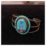 20.49g (including stones/inlay). Extreme Checkerboard Turquoise Inlay Zuni/ Navajo Native American Jewelry Silver Bracelet. .925 stamped PE.