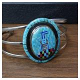 20.49g (including stones/inlay). Extreme Checkerboard Turquoise Inlay Zuni/ Navajo Native American Jewelry Silver Bracelet. .925 stamped PE.