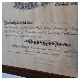 Vintage framed diploma from Blue Earth High School in Minnesota, representing a piece of local history.