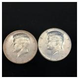 1964 Kennedy Half Dollars 2 coins - last year of 90% silver halves - tax exempt