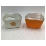 Pair of Vintage Pyrex Square Refrigerator Dishes – White & Amber with Flower Lids