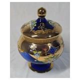 Vintage Cobalt Blue & Gold Enamel Trinket Jar – Floral & Scroll Design with Lid