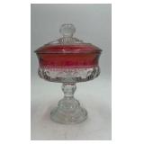 Vintage Ruby Red Glass Candy Dish – Footed Compote with Lid & Beaded Design