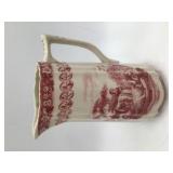 Vintage Red Transferware Pitcher with Pastoral Scene