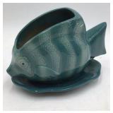 Vintage Teal Ceramic Fish Planter or Planter Pot Angelfish Shape with Saucer