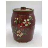 Vintage Brown Glazed Ceramic Canister with Hand-Painted Floral Design Green Lid