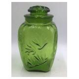 Vintage Green Depression Glass Canister Jar Etched Floral Design with Lid