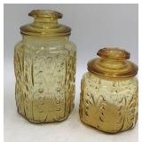 Pair of Vintage Amber Depression Glass Canisters Octagonal Faceted Floral Embossed with Lids