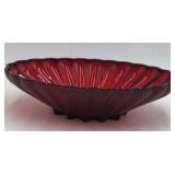 Vintage Red Glass Scalloped Fan Bowl Sunburst Center Raised Foot