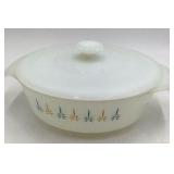 Vintage Fire-King Anchor Hocking Casserole Dish Atomic Starburst Pattern with Lid