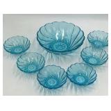 Vintage Blue Depression Glass Shell Bowl Set Scalloped Swirl Pattern 7-Piece