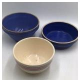 Vintage Blue and Cream Ceramic Mixing Bowl Set Embossed Rim & Striped Patterns