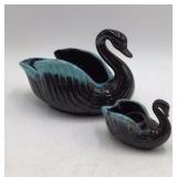 Vintage Black Swan Ceramic Planter Set Teal Drip Glaze Mother and Baby Novelty
