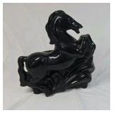 Vintage Black Ceramic Rearing Horse Planter Glossy Glaze Open Back Novelty