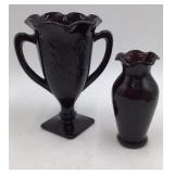 Vintage Black Amethyst Glass Vase Set Hand-Painted Fairy Motif Scalloped Rim & Bud Vase