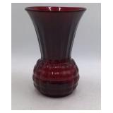 Vintage Ruby Red Glass Vase Flared Scalloped Rim Hobnail Base Depression Style