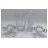 Vintage Crystal Glass Lot – Tall Vase, Bobble Bead Candlesticks & Fluted Vase