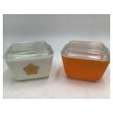 Pair of Vintage Pyrex Square Refrigerator Dishes – White & Amber with Flower Lids