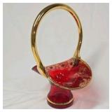 Vintage Ruby Red Glass Basket Vase – Gold Overlay Floral Design with Handle