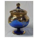 Vintage Cobalt Blue & Gold Enamel Trinket Jar – Floral & Scroll Design with Lid