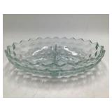 Vintage Clear Pressed Glass Divided Relish Dish Scalloped Zigzag Rim Diamond Pattern Center Handle