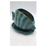 Vintage Teal Ceramic Fish Planter or Planter Pot Angelfish Shape with Saucer