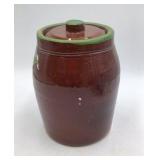 Vintage Brown Glazed Ceramic Canister with Hand-Painted Floral Design Green Lid