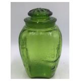 Vintage Green Depression Glass Canister Jar Etched Floral Design with Lid