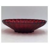 Vintage Red Glass Scalloped Fan Bowl Sunburst Center Raised Foot