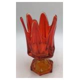 Vintage Blown Orange Amber Glass Tulip Vase Scalloped Petal Rim Hexagon Base