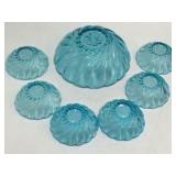 Vintage Blue Depression Glass Shell Bowl Set Scalloped Swirl Pattern 7-Piece
