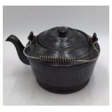 Vintage Black Cast Iron Look Cookie Kettle Teapot Cookie Jar with Wire Bail Handle Made in Japan