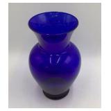 Vintage Cobalt Blue Glass Vase Flared Rim Bulbous Body Blown Style