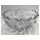 Vintage Crystal Etched Bowl – Floral & Swallow Design, Scalloped Rim