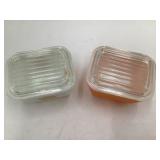 Pair of Vintage Pyrex Square Refrigerator Dishes – White & Amber with Flower Lids