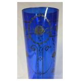 Vintage Cobalt Blue Glass Cylinder Vase – Enamel Floral & Scroll Design