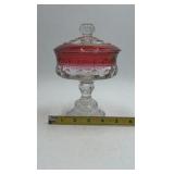 Vintage Ruby Red Glass Candy Dish – Footed Compote with Lid & Beaded Design