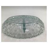Vintage Clear Pressed Glass Divided Relish Dish Scalloped Zigzag Rim Diamond Pattern Center Handle