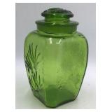 Vintage Green Depression Glass Canister Jar Etched Floral Design with Lid