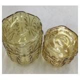 Pair of Vintage Amber Depression Glass Canisters Octagonal Faceted Floral Embossed with Lids